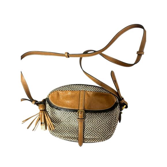 FOSSIL Black & White Shoulder Bag Crossbody Purse Handbag Tan Leather Textile•GC - Picture 1 of 4